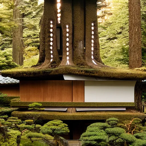 Prompt: japanese forest temple honoring funghi designed by syd mead and zaha hadid, sunset photo shoot