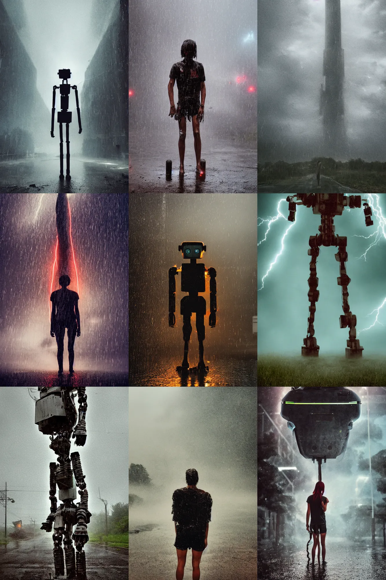 Prompt: detailed photograph of towering robot!!!!!! standing in the distance as a teenage girl screams facing the camera wearing wet!! and ripped!!! shirt and shorts, short dof, atmospheric, apocalyptic rain and smoke and lightning, bold colors, dramatic movie still