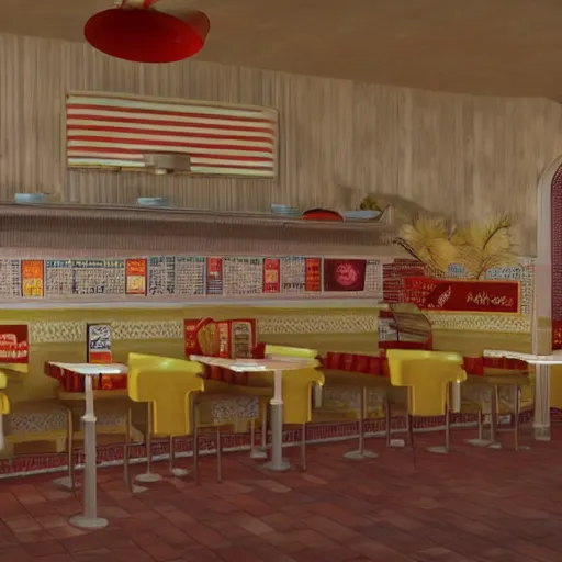 Image similar to photorealistic 1960s diner cafe in the middle of a desert,