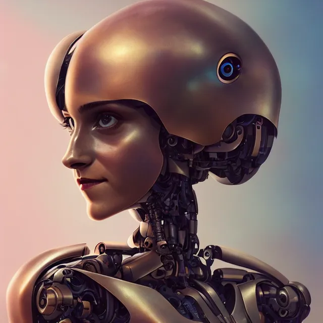 Prompt: cute anthropomorphic emma watson artificial intelligence robot automaton cyborg, smiling, perfect face, bronze skin, cinematic, elegant, highly detailed, psychedelic, digital painting, artstation, smooth, hard focus, illustration, art by jessica rossier and and brian froud