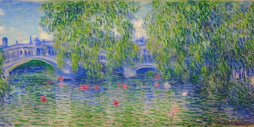 Image similar to A beautiful city next to a small river painted by Monet, amazing landscape