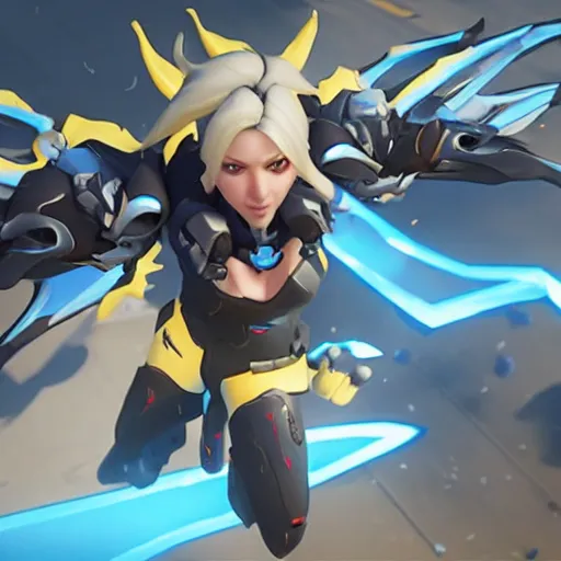 Image similar to mercy from overwatch flying above her team healing them as they push the payload across the map, unreal engine 5 4 k