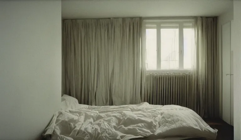 Image similar to A bedroom designed by Hugo Comte, 35mm film, long shot
