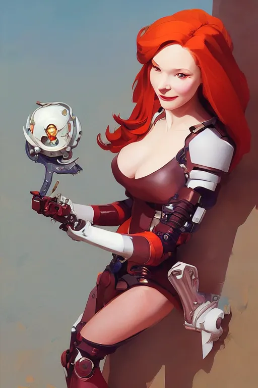 Prompt: concept art of curvacious redhead cyborg woman softly smiling at camera wearing 🩳 and 👕 illustration by sargent and leyendecker, studio ghibli, fantasy, medium shot, asymmetrical, intricate, elegant, matte painting, illustration, hearthstone, by rhads by greg rutkowski, by greg tocchini, by james gilleard, by joe fenton