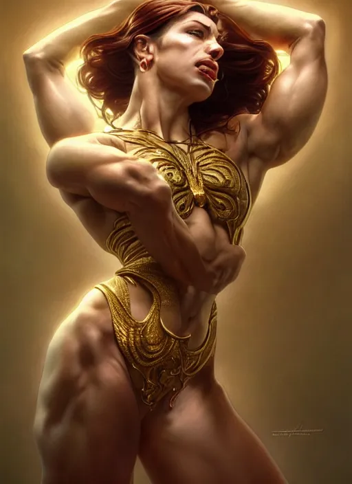 Image similar to muscular goddess dancer of the underworld, severe expression, crooked nose, shiny, intricate, elegant, highly detailed, ultra definition, digital painting, artstation, vray, concept art, smooth, high speed photography, illustration, art by artgerm and greg rutkowski and alphonse mucha and james jean