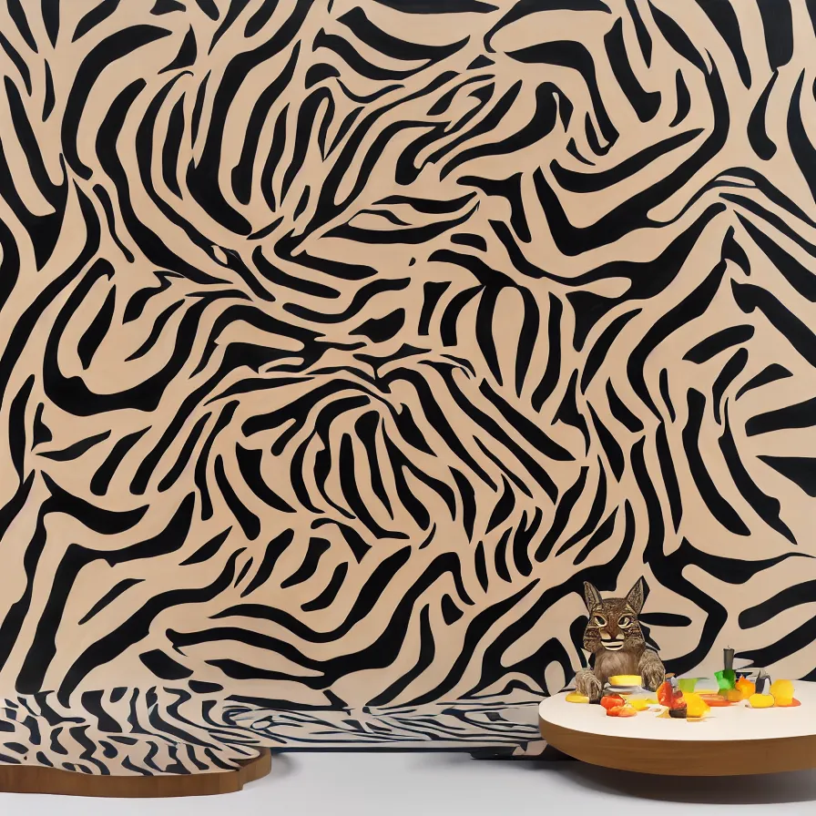 Prompt: beautiful gallery show studio photograph of a giant realistic curvy ceramic sculpture of a hungry bobcat!!!!!, glazed by bridget riley and victor vasarely, placed on a polished wooden table, colorful hyperrealism 8 k trending on artstation