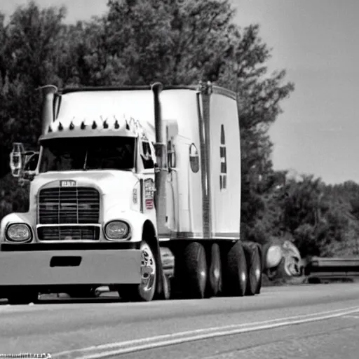 Image similar to 7 0's b - move scene the musical trucker, a trucker playing the saxophone inside his big rig as it drives off the side of a highway