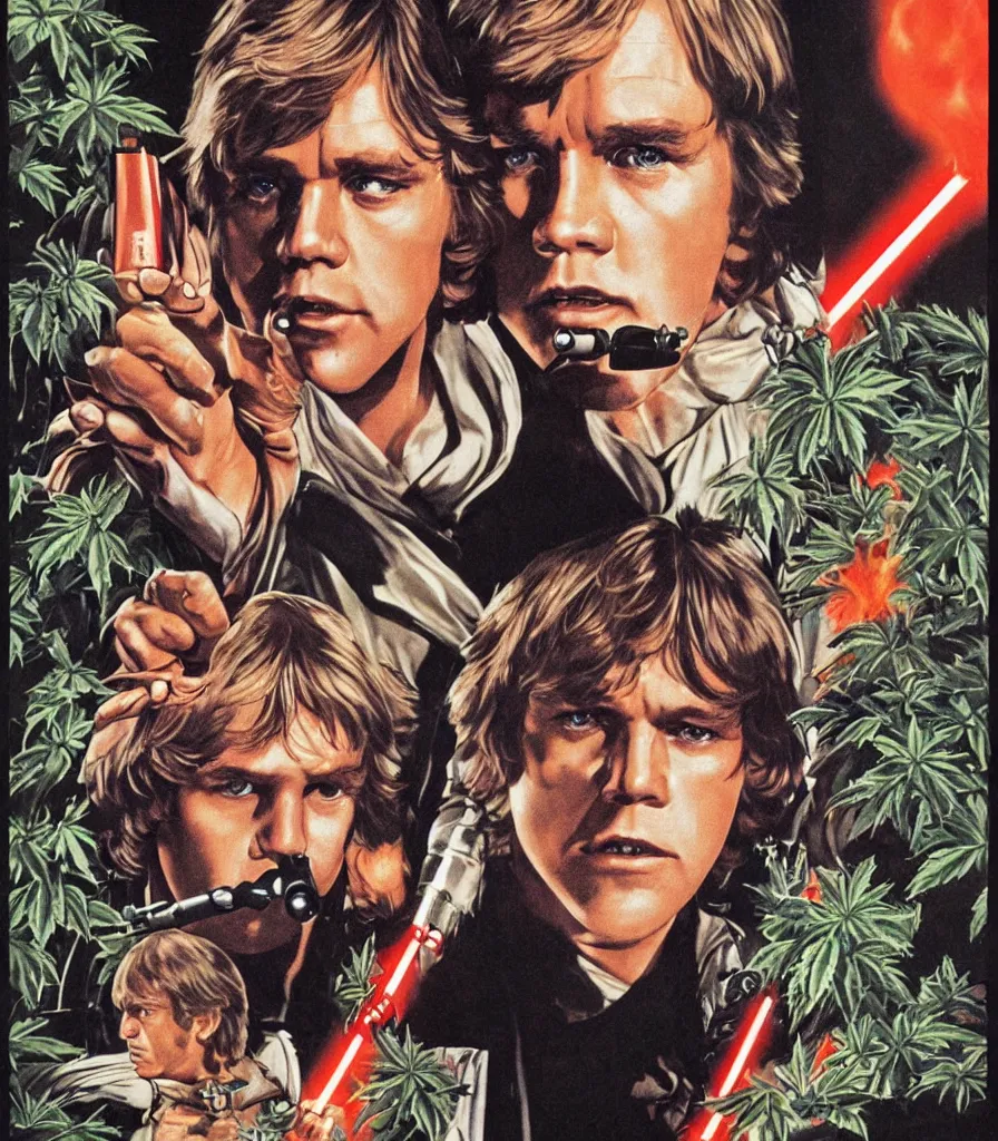 Image similar to vintage 1 9 7 7 star wars episode iv a new hope movie poster, of luke skywalker with bloodshot eyes smoking a huge blunt, surrounded by cannabis plants