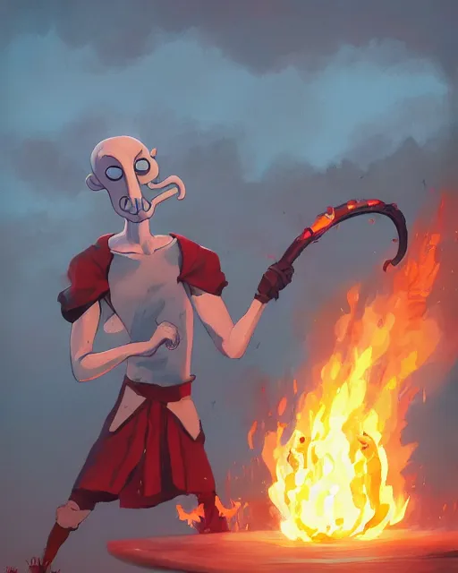 Image similar to squidward with [ four legs ] wearing fire nation clothing and practicing firebending outside at susnset, [ greg rutkowski ]