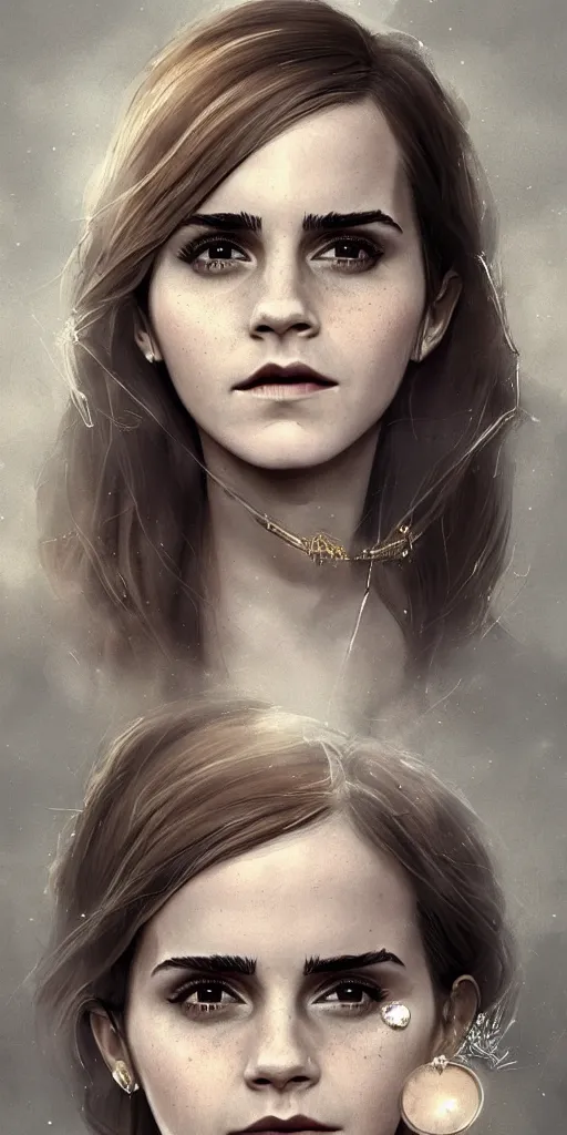 Prompt: realistic character concept, emma watson with lots of jewelry in the face, elegant pose, scifi, illustration, slender symmetrical face and body, artstation, cinematic lighting, hyperdetailed, cgsociety, 8 k, high resolution, charlie bowater, tom bagshaw, single face, insanely detailed and intricate, beautiful, elegant, golden ratio, dark fractal background, vfx, postprocessing