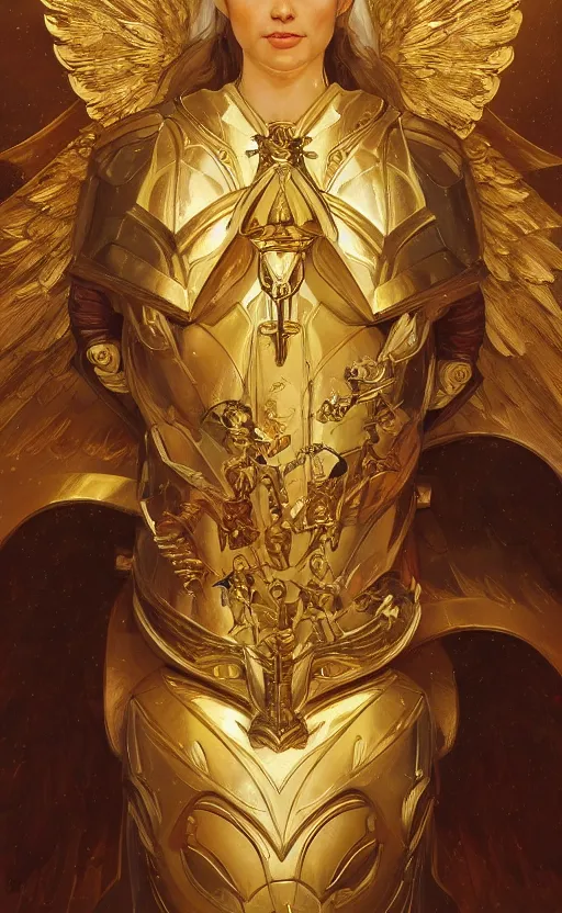 Image similar to Portrait of an archangel with golden wings, heavy armor and helmet, confident, heaven background, intricate, headshot, highly detailed, digital painting, artstation, concept art, sharp focus, cinematic lighting, illustration, art by artgerm and greg rutkowski, alphonse mucha, cgsociety