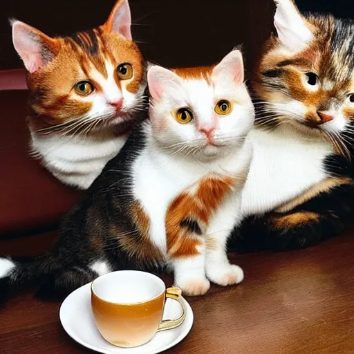 Image similar to two calico cats and a tabby cat enjoy cups of tea together at an upscale party, award winning photo