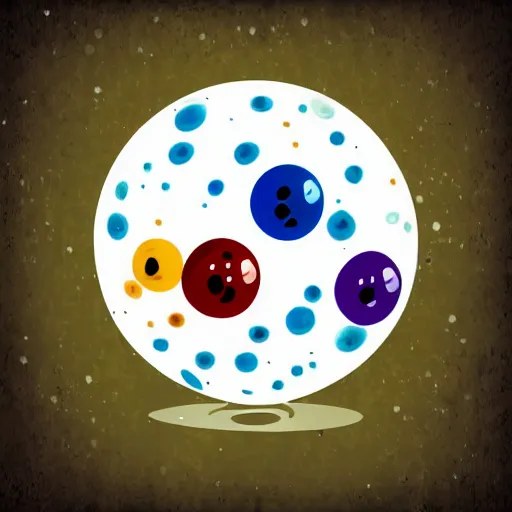 Prompt: sad ball with ink colorful drops around it, high quality, cartoony,