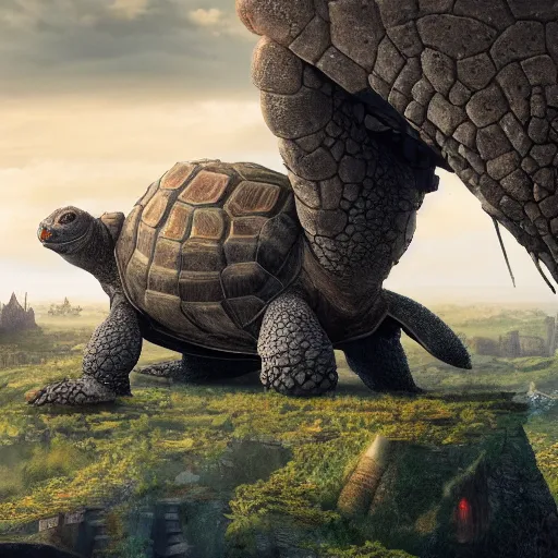 Image similar to giant tortoise walking with a large fantasy castle rising growing from the top of it, distant shot birds eye view, fantasy, hyper detailed, 4 k, howls moving castle, mortal engines,