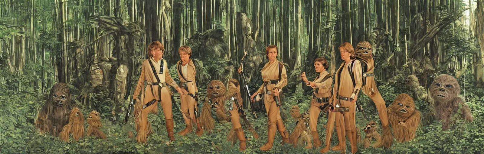 Prompt: luke skywalker, princess leia and han solo meet the ewoks in the forest of endor, in return of the jedi, a masterful painting by sandro botticelli