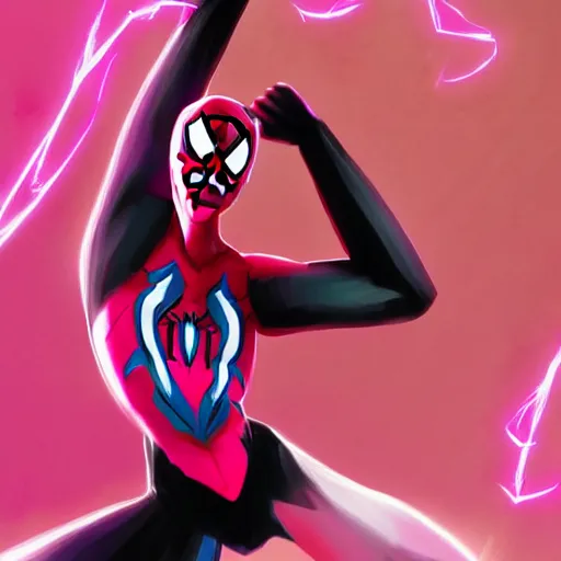 Prompt: splash art of a cool beautiful pink spiderman in a stylish pose in the style of the league of legends splash art, digital art by Michelle Hoefener