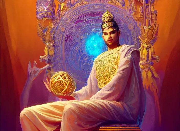 Image similar to wide view picture of a extremely beautiful and aesthetic lord of materialization, sitting on the throne, centred position, bright hair, floating greed cubes on the background, lighting eyes, magic and fantasy, highly detailed face, specular reflection, occlusion shadow, intricate, masterpiece, by ilya kuvshinov and jeremy lipking and quentin mabille