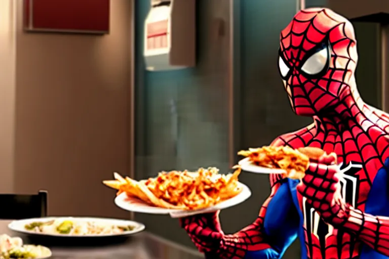 Prompt: cinematic still of spiderman eating greasy food from arby's restaurant