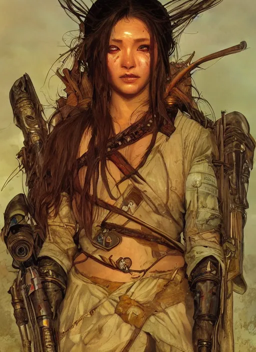 Image similar to hyper realistic photography portrait of postapocalyptic medieval religious occult asian tribal amazon cinematic, brom, mucha, moebius juan gimenez artstation, cgsociety