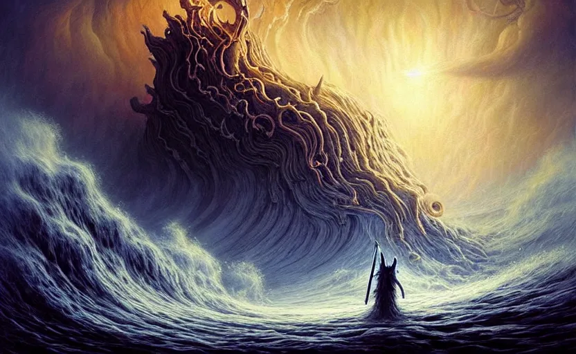 Image similar to beautiful digital fantasy illustration of a demon holding a staff!!, hellish background, a giant wave in the sky, apocalypse art!!!!, apocalypse landscape!!!!!, lovecraftian!!, cosmic horror!!!, concept art by Jarosław Jaśnikowski, a detailed matte painting by Dan Luvisi, cgsociety, fantasy art, highly detailed, soft lighting, rendered in octane, masterpiece, very very very aesthetic