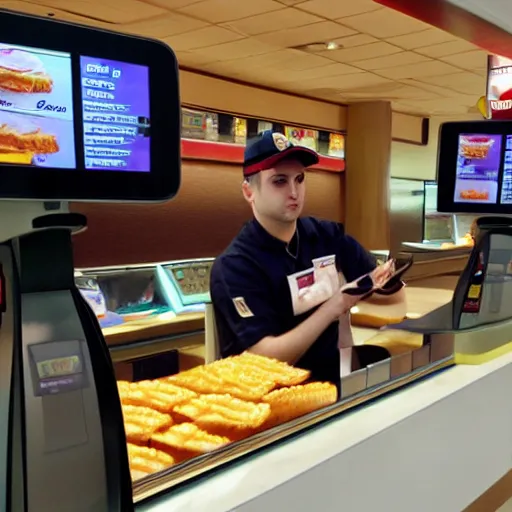 Image similar to Runelord Karzoug working as a cashier in McDonalds