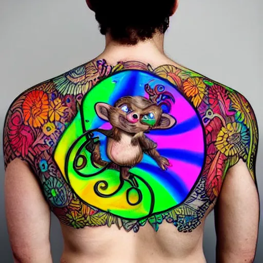 Image similar to shoulder back tattoo of a multicolored cute bush baby with headphones scratching on a dj desk, eyes are colorful spirals, surrounded with colorful magic mushrooms and rainbowcolored marihuana leaves, insanely integrate