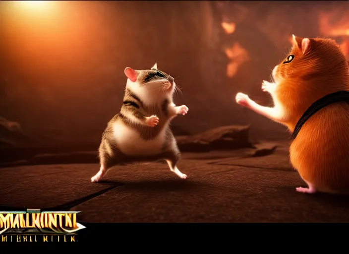 Image similar to hamster fights a cat in mortal kombat at a volcano with shao khan cheering in the background. fantasy magic style. highly detailed 8 k. intricate. lifelike. soft light. sony a 7 r iv 5 5 mm. [ cinematic post - processing ].