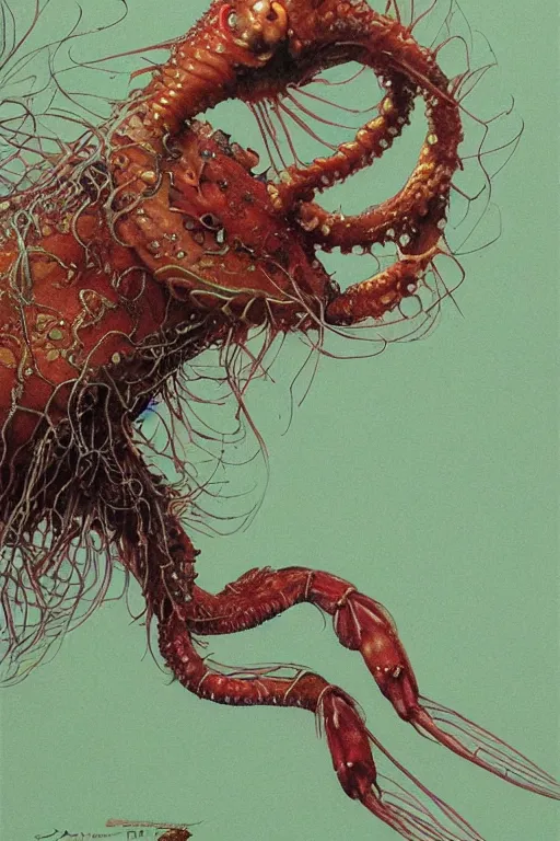 Prompt: skrimp, shrimpman biomechanical axolotl tentacle fish, masterpiece, intricate, elegant, highly detailed, digital painting, smooth, sharp focus, illustration, art by james gurney, graeme base, brian froud, alan lee