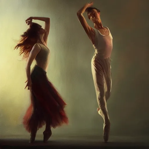 Image similar to oil painting dancer woman with dancer men, herb rose, by greg rutkowski, artstation