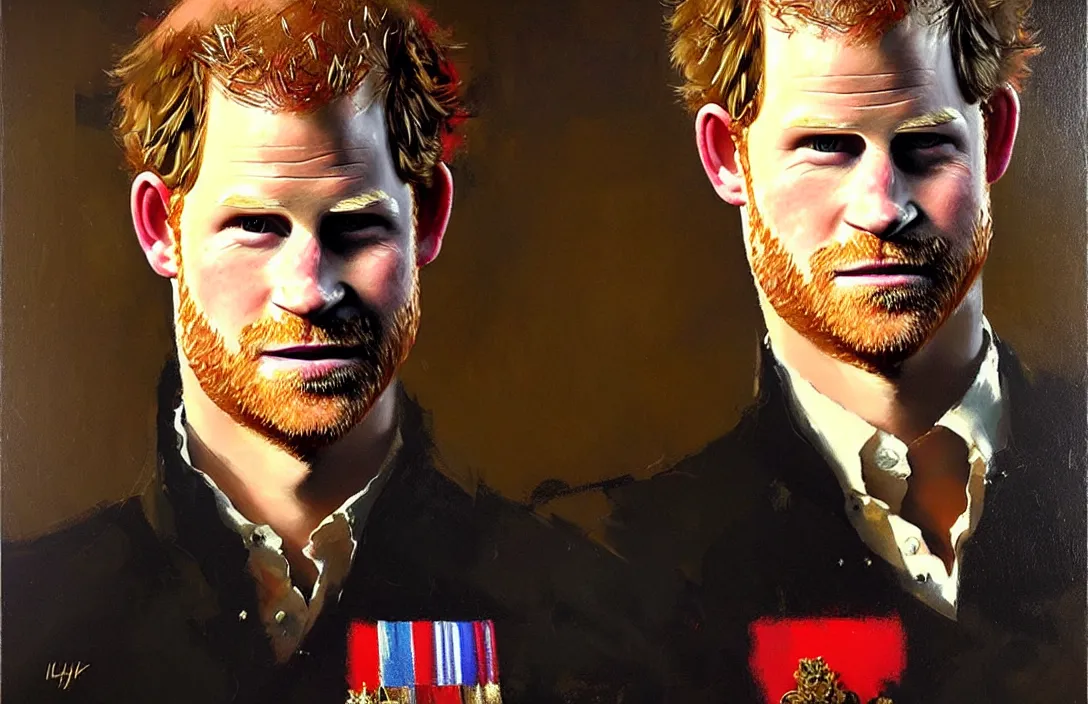 Image similar to portrait of prince harry!!!!!!!!!!!!!!!!!!!!!!!!!!!, detailed face, detailed painting, epic lighting, by ilya repin, phil hale and kent williams