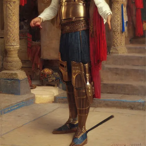 Prompt: orientalist painting of a knight standing in a market intricate artwork by john william waterhouse and Edwin Longsden Long and Theodore Ralli and Henryk Siemiradzki. trending on artstation, very coherent symmetrical artwork high detail 8k