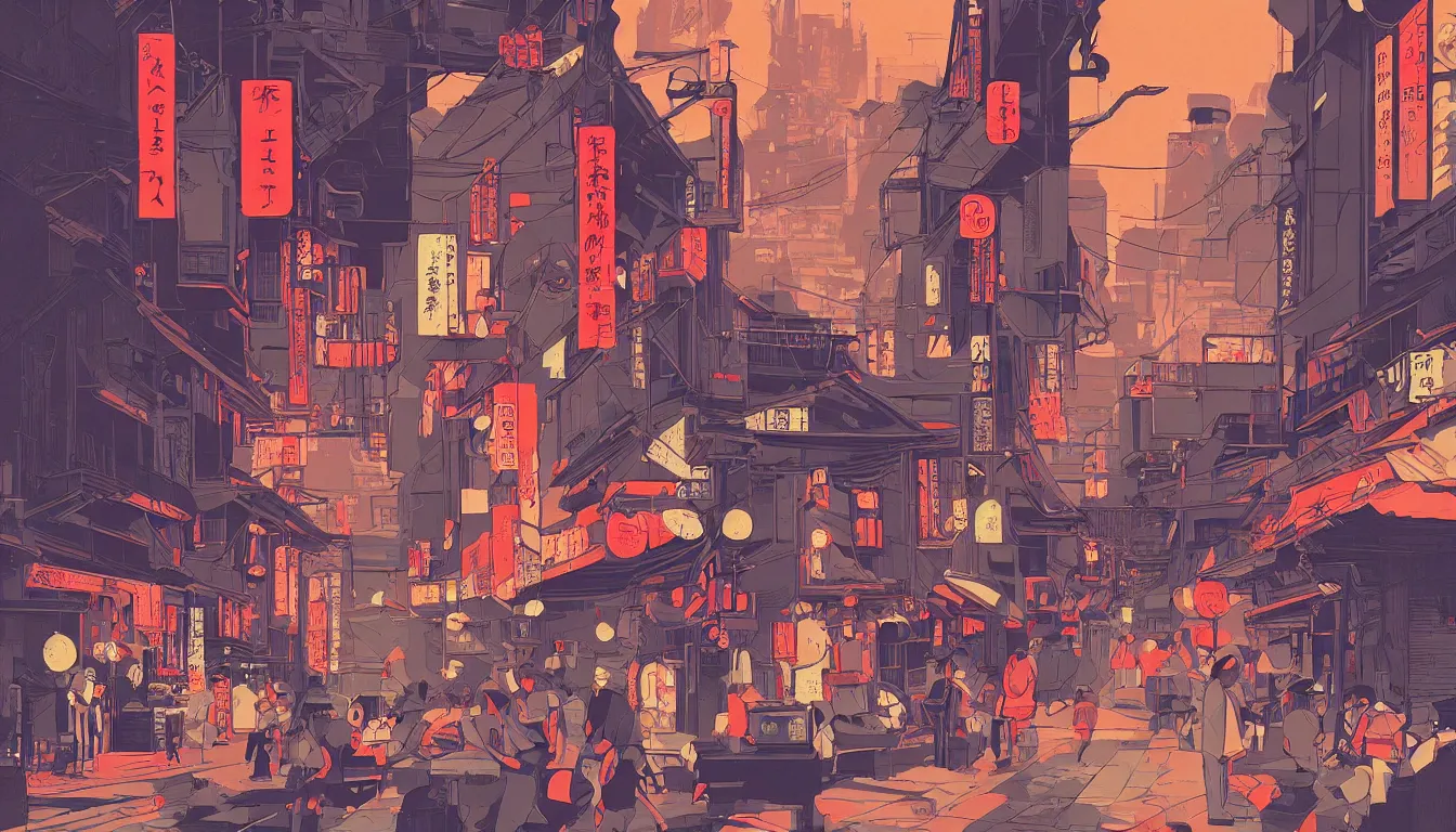 Image similar to old Japanese Street scene by Kilian Eng, minimalist, detailed