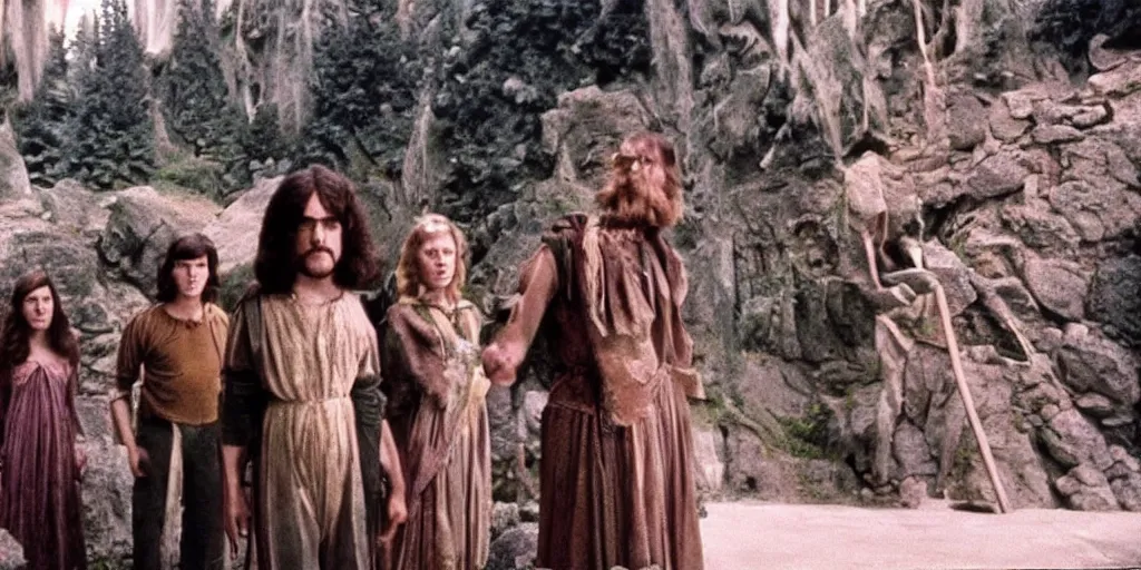 Prompt: A full color still from a Stanley Kubrick film featuring Rivendell, 35mm, 1975