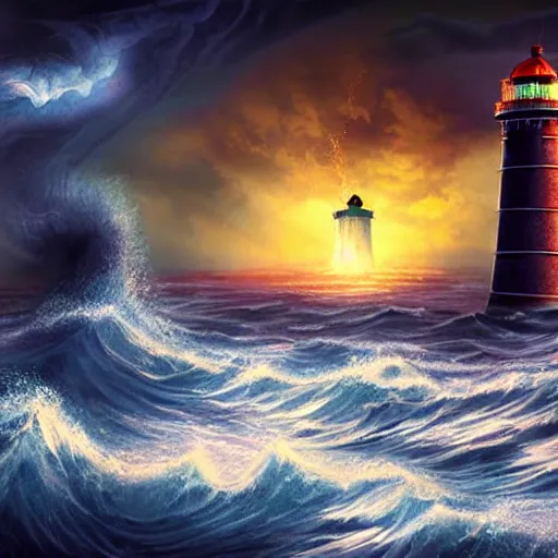 Prompt: beautiful digital art of the Kraken rising from the sea to attack a ship, while a lighthouse glows behind it.