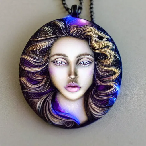 Image similar to beautiful female portrait, made of 3 d swirls, inner glow, symmetric face, flowing curly hair, under the moonlight, gemstone necklace, by wlop