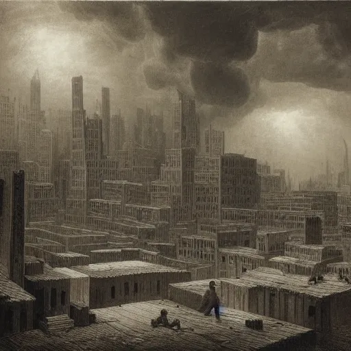 Image similar to new york city being rebuilt as mesopotamian architecture. dark, atmospheric, stormy weather, gustave dore, italy 1 8 1 6