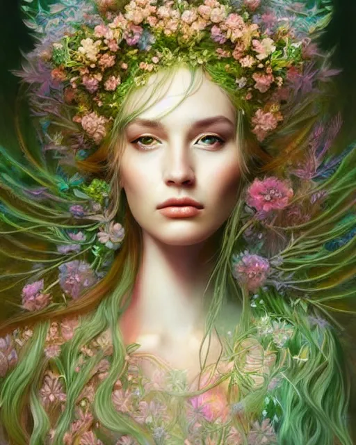 Prompt: portrait of a beautiful goddess of nature, graceful beauty, esoteric, nature and floral aesthetics, other worldly colors, head in focus, intricate, elegant, highly detailed, artstation, artistic, concept art, painterly, sharp focus, art style by emilia elfe