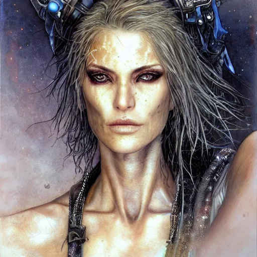 Image similar to an award finning closeup facial portrait by luis royo and john howe of a very beautiful and attractive female bohemian cyberpunk traveller aged 5 0 with green eyes and freckles in clothed in excessively fashionable cyberpunk gear and wearing ornate warpaint