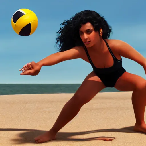 Image similar to A brown girl with black curly hair playing beach volleyball at the beach, highly detailed, artstation, 8k,