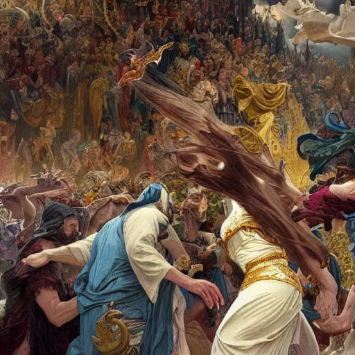 Prompt: a detailed picture of jesus throwing the merchants out of the temple, thrown tables, scattered gold coins, fleeing merchants, fantasy, intricate, elegant, highly detailed, digital painting, artstation, matte, sharp focus, illustration, art by john collier and albert aublet and krenz cushart and artem demura and alphonse mucha