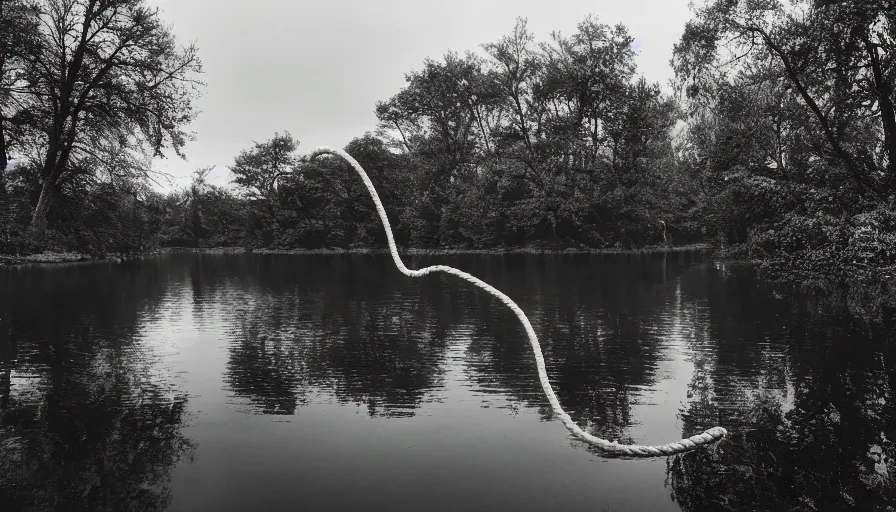 Prompt: photograph of an infinitely long rope floating on the surface of the water, the rope is snaking from the foreground towards the center of the lake, a dark lake on a cloudy day, trees in the background, moody scene, anamorphic lens