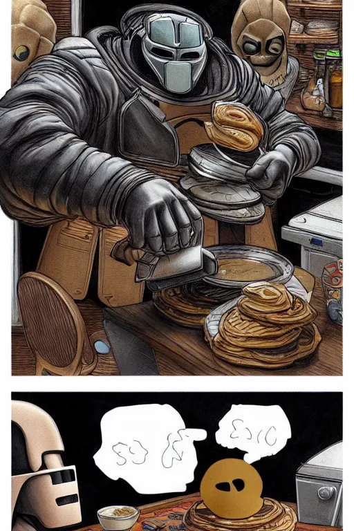 Image similar to mf doom making pancakes, animation pixar style, by pendleton ward, magali villeneuve, artgerm, rob rey and kentaro miura style, golden ratio, trending on art station