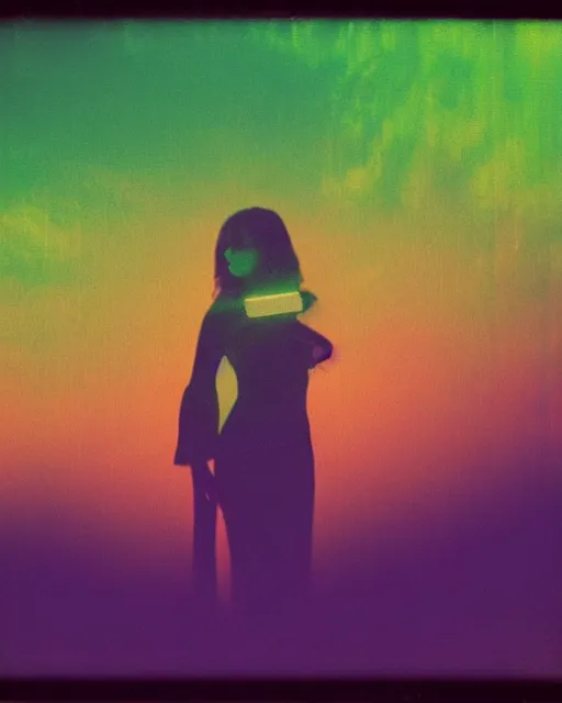 Image similar to futuristic chrome woman's face, violet and yellow and green sunset, polaroid photo, atmospheric, whimsical and psychedelic, grainy, expired film, glitched
