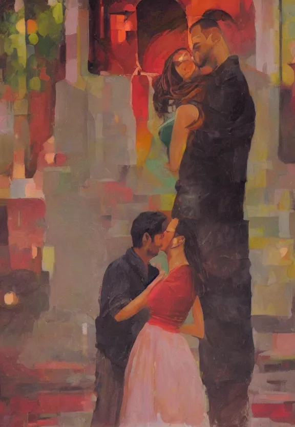 Prompt: a guy and a girl kissing, artwork by salman toor, cinematic light, atmospheric effects, oil on canvas