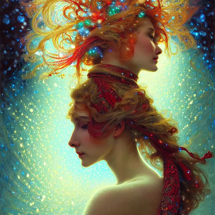 Prompt: psychedelic snowfall Spirit of Christmas, diffuse lighting, fantasy, intricate, elegant, highly detailed, lifelike, photorealistic, digital painting, artstation, illustration, concept art, smooth, sharp focus, art by John Collier and Albert Aublet and Krenz Cushart and Artem Demura and Alphonse Mucha