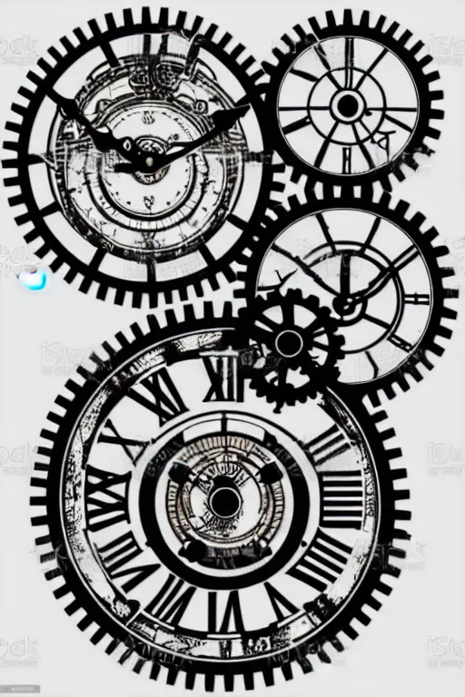 Prompt: steampunk gears, and eternal clock without numbers, dark and gothic, full frame,, art by james o barr and albrecht durer and piranesi, surreal woodblock print, black and white, vector, vector art