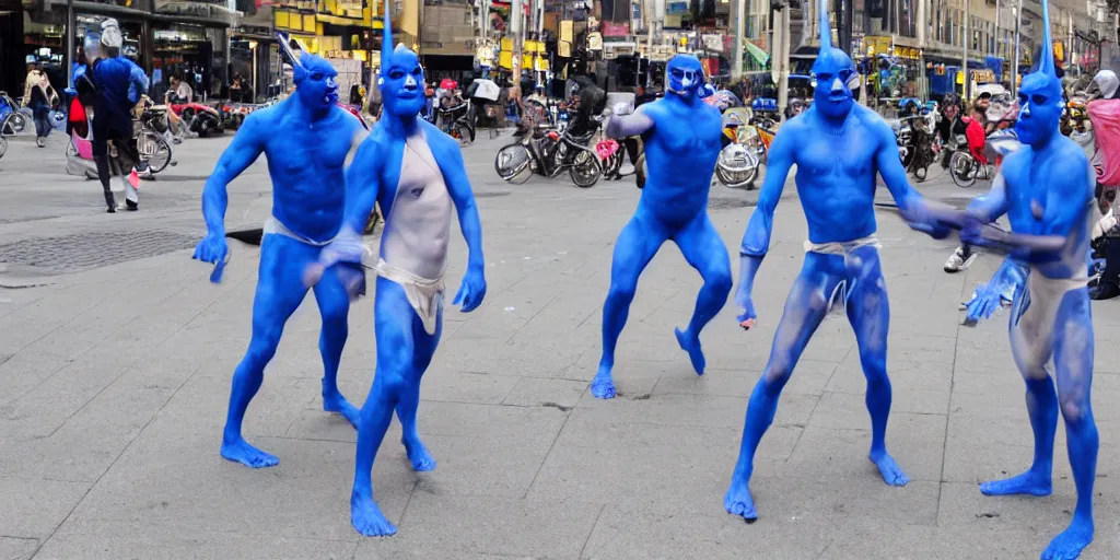 Prompt: cyclops coneheads blue men group street performers, detailed facial expressions