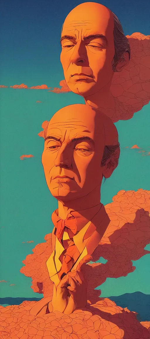 Prompt: a colorful vibrant closeup portrait of saul goodman aesthetic face dreamy vibes and dreaming psychedelic, by kawase hasui, moebius, edward hopper and james gilleard, zdzislaw beksinski, steven outram colorful flat surreal design, hd, 8 k, artstation