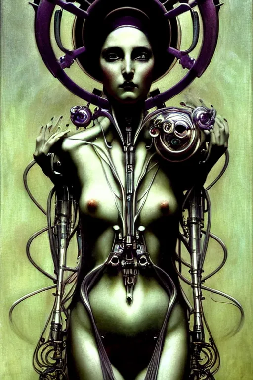 Image similar to beautiful evil cybernetic goddess by steichen in the style of a modern tom bagshaw, alphonse muca, victor horta, gaston bussiere. anatomically correct. extremely lush detail. masterpiece. melancholic scene infected by night. perfect composition and lighting. sharp focus. high contrast lush surrealistic photorealism. sultry expression.