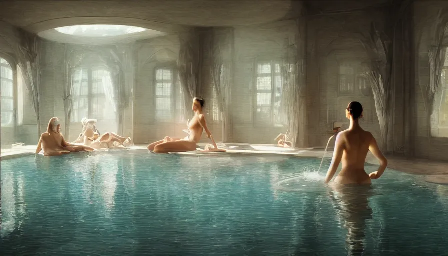 Image similar to bathhouse, women in towels, spa, light, shadows, reflections, epic composition, intricate, elegant, volumetric lighting, digital painting, highly detailed, artstation, sharp focus, illustration, concept art, wlop, artgerm, ruan jia, steve mccurry